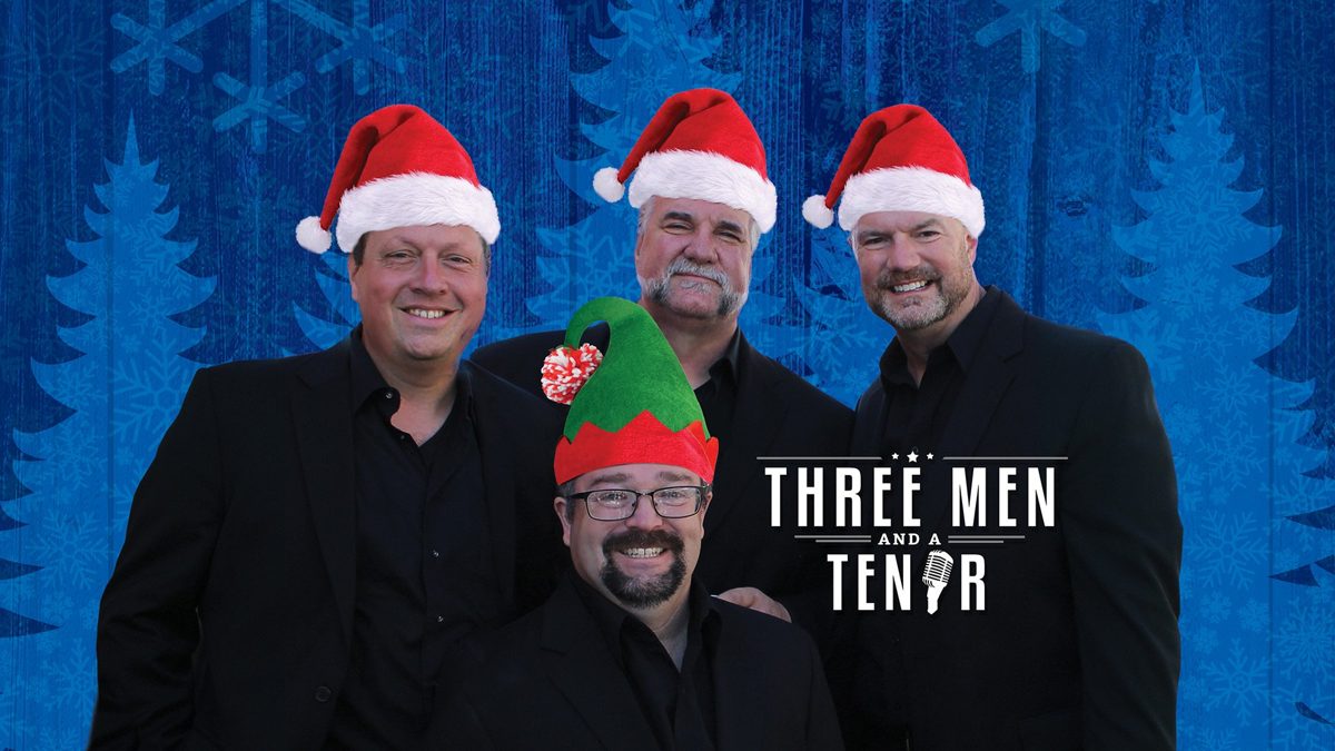 THREE MEN and a TENOR in Santa hats and an elf hat, holiday press photo